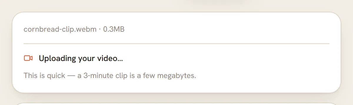 The upload card showing the file name and size with Uploading your video.