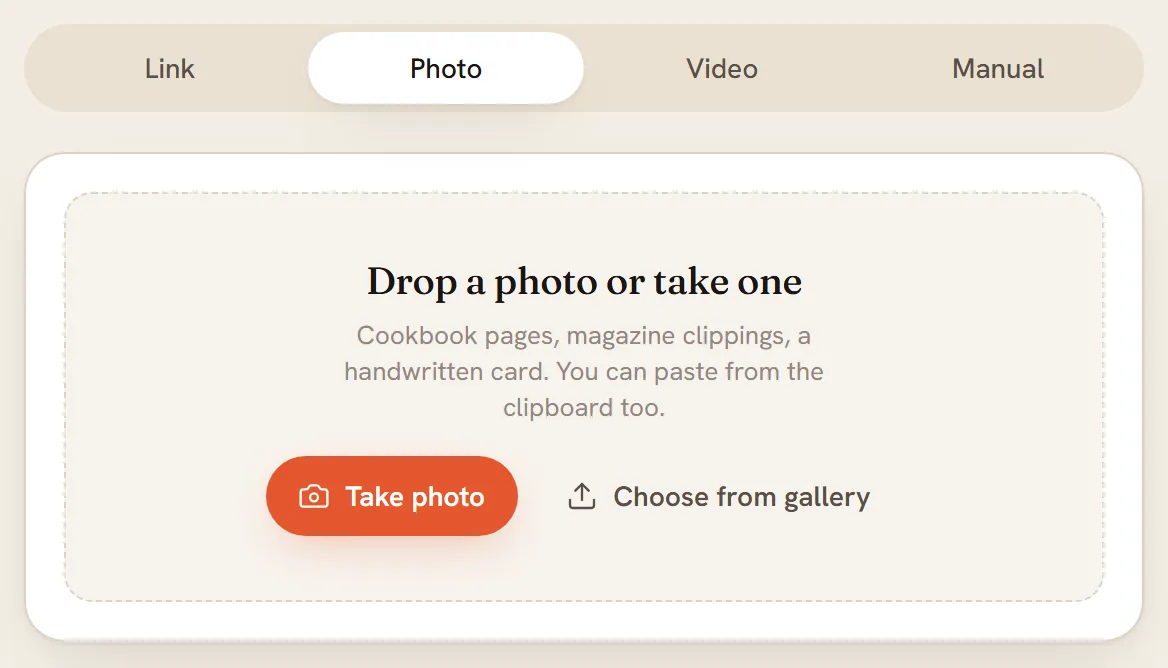 The Photo tab of the Add a recipe page: a dashed box that says Drop a photo or take one, with Take photo and Choose from gallery buttons.