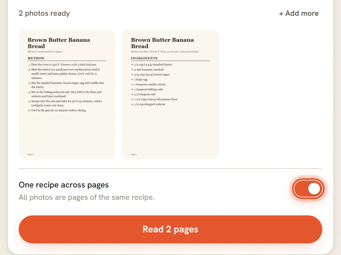 The One recipe across pages switch, turned on and ringed, above the Read 2 pages button.