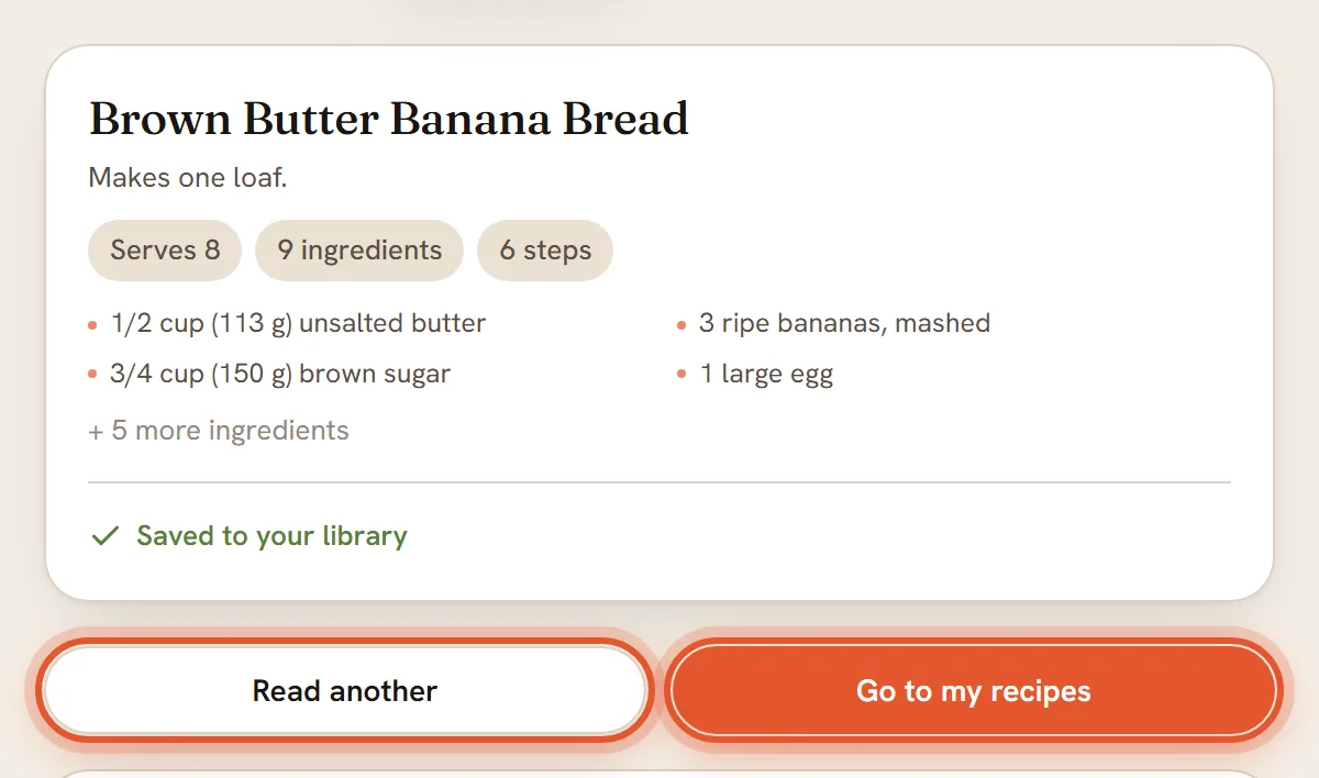 The finished card for Brown Butter Banana Bread, built from two pages, with Saved to your library. Read another and Go to my recipes are ringed.