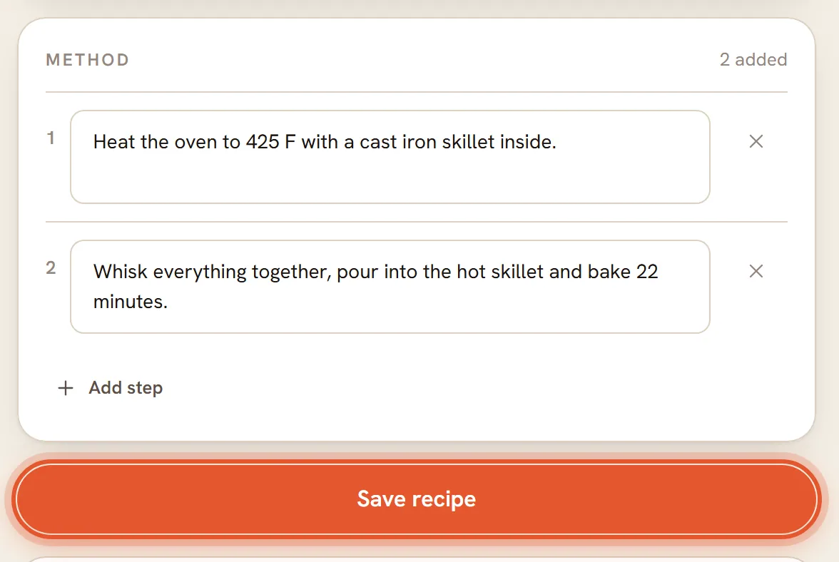 The Save recipe button under the method steps, ringed.