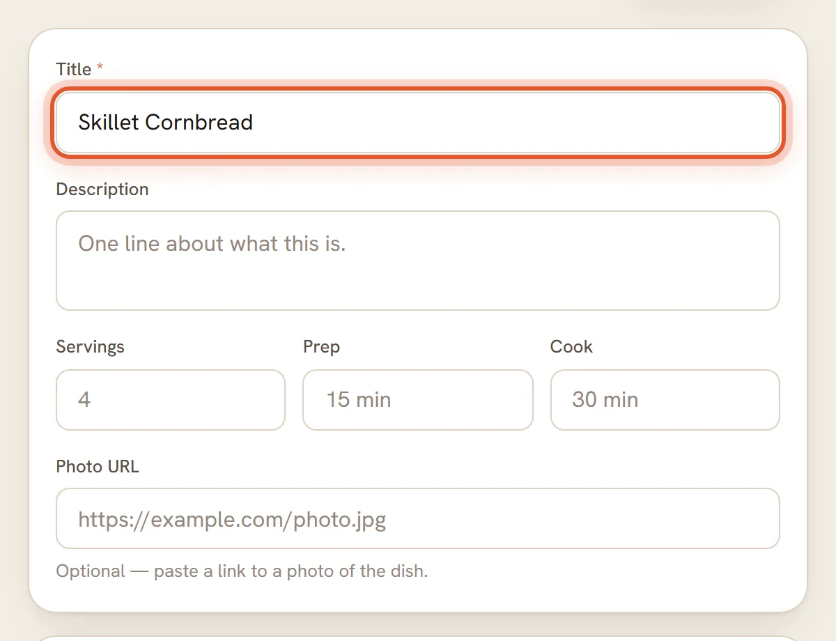 The Title box with Skillet Cornbread typed in, ringed.