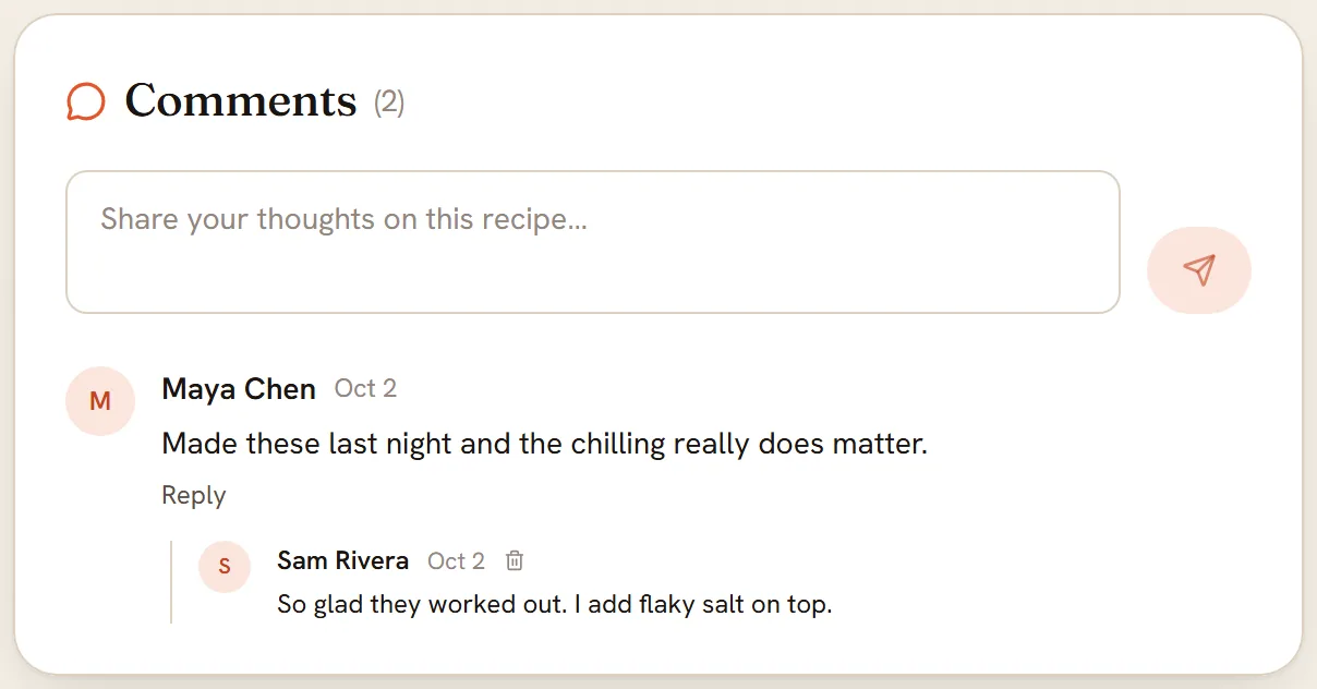 A Comments card under a shared recipe: one comment saying Made these last night, and a reply under it from the cook.