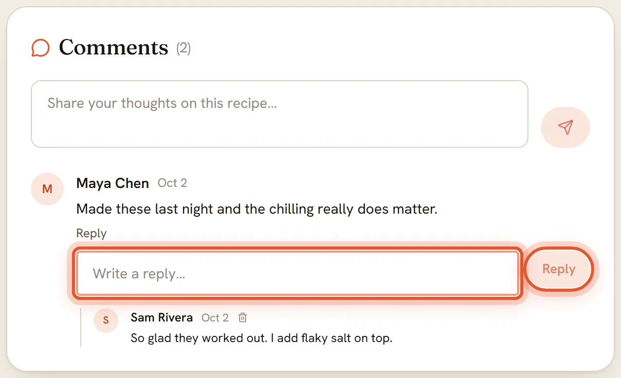 The Write a reply box open under a comment, with the Reply button beside it, both ringed.