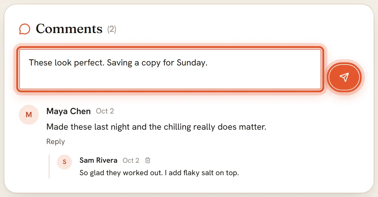 The comment box holding These look perfect. Saving a copy for Sunday., and the paper-plane Post comment button beside it, both ringed.