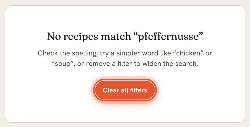 The message No recipes match pfeffernusse, with the Clear all filters button ringed.