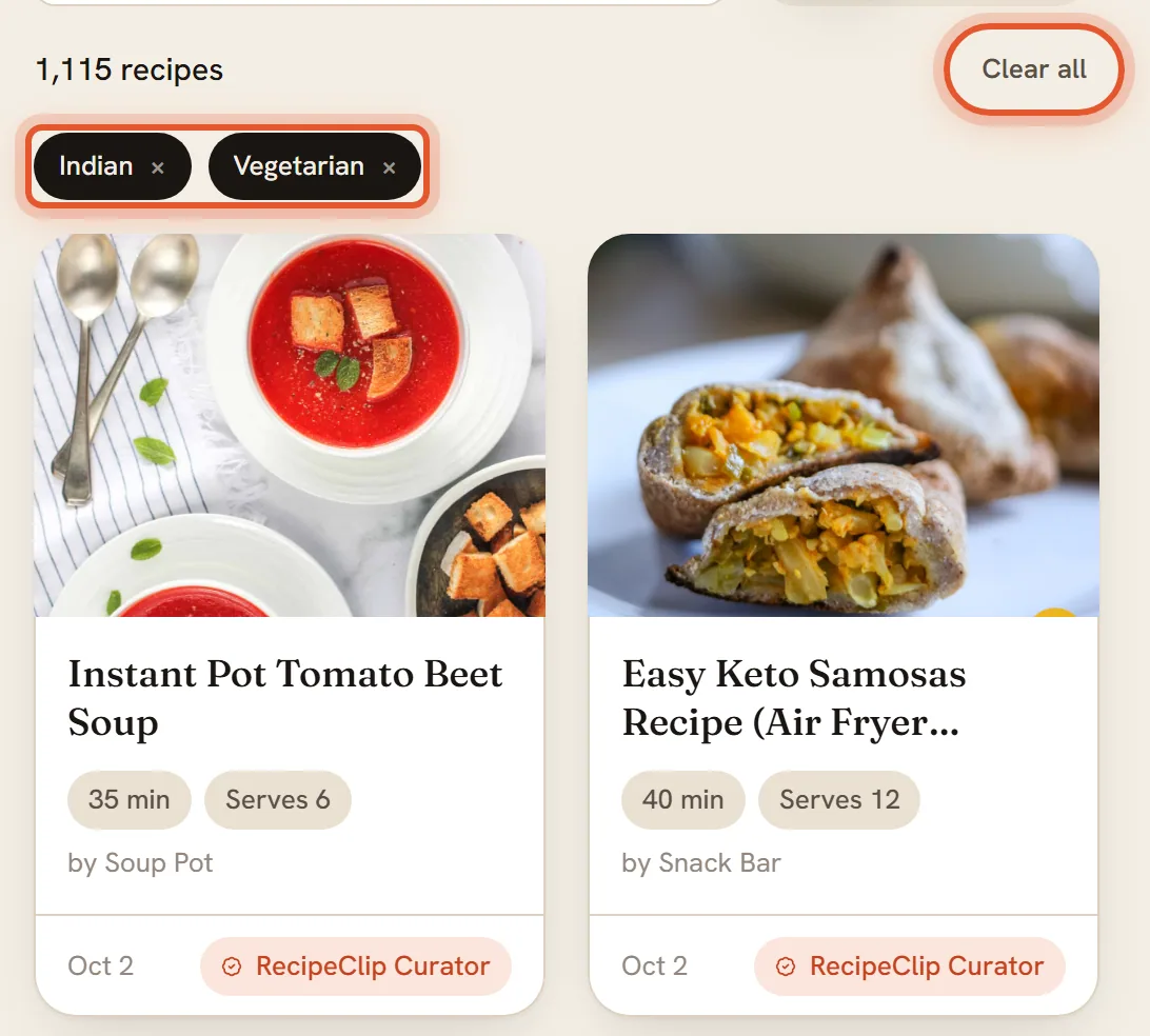 The Indian and Vegetarian chips and the Clear all button above the results, ringed.