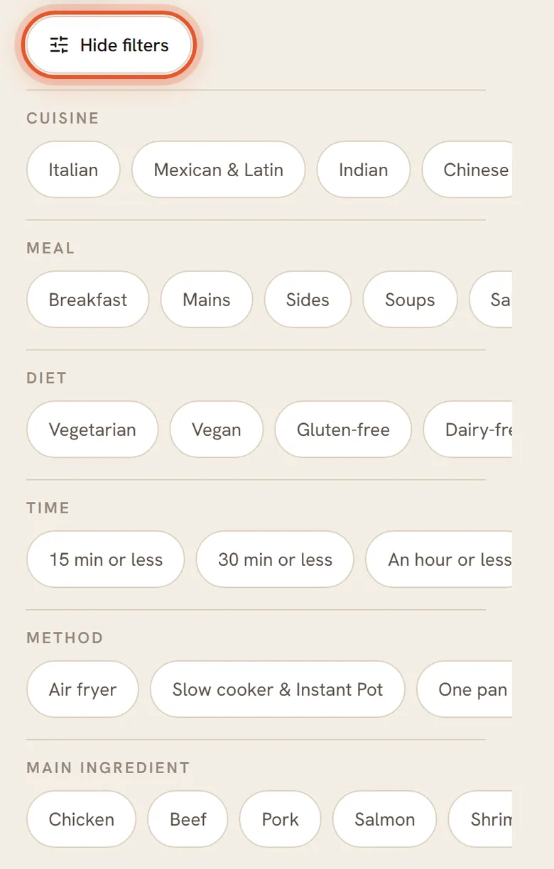 On a phone: the Hide filters button ringed above six rows of choices, Cuisine, Meal, Diet, Time, Method and Main ingredient.