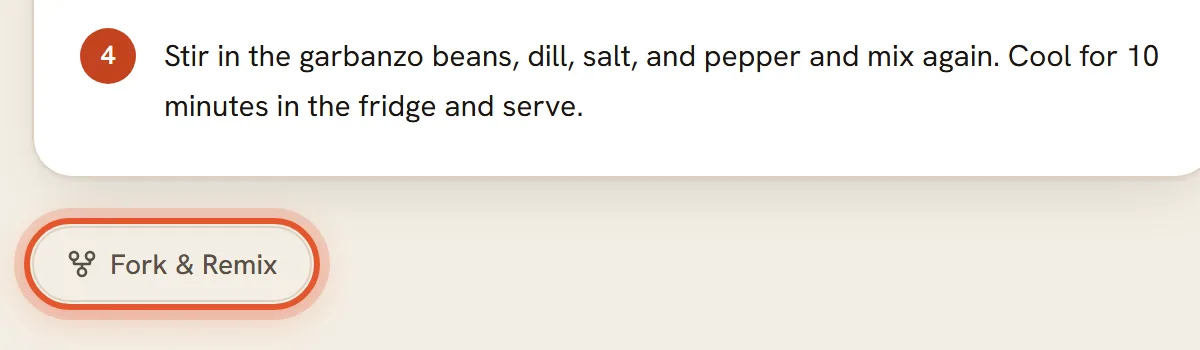 The end of the chickpea salad recipe, signed in: the last step, then the Fork & Remix button ringed.