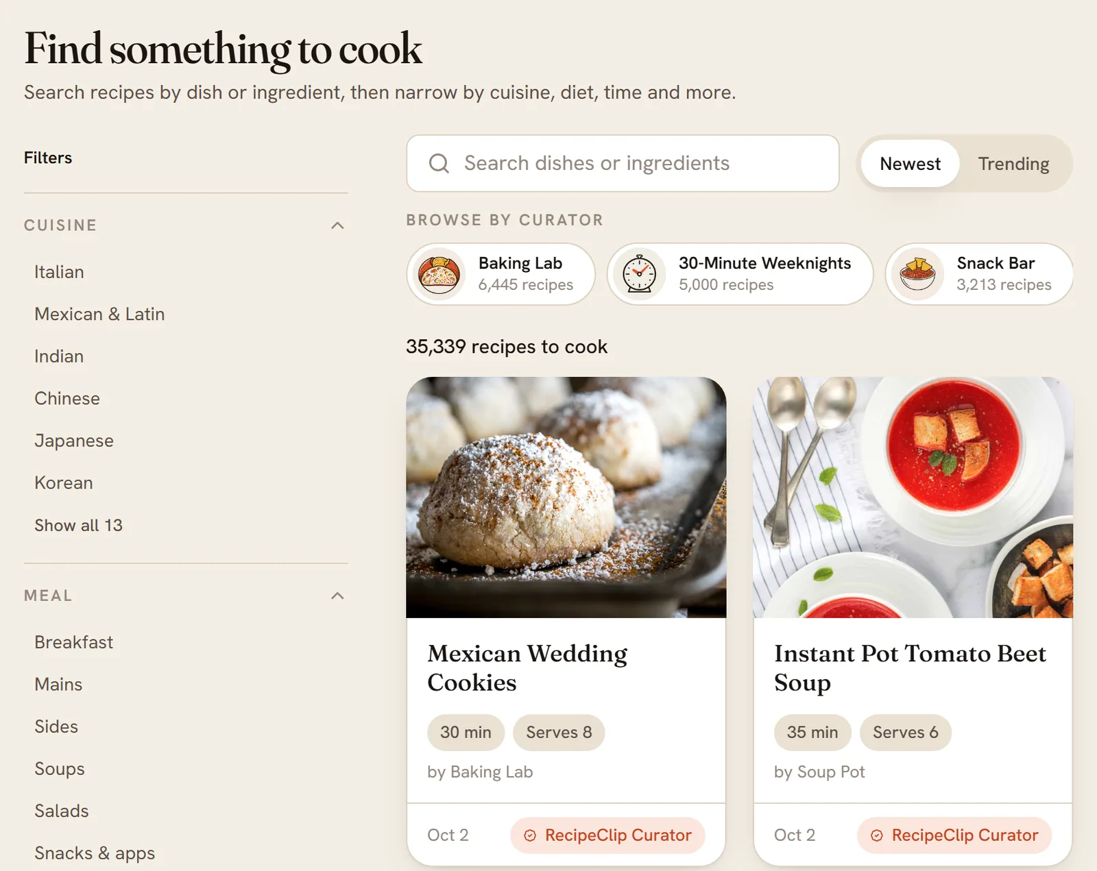 The Explore page: the heading Find something to cook, the filter list, a search box with the Newest and Trending switch, the Browse by curator row, and the first two recipe cards.