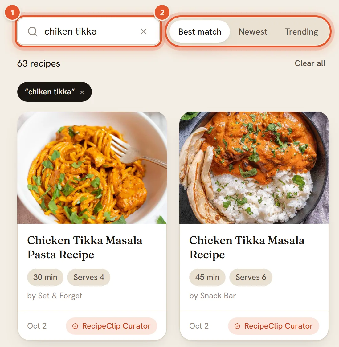 The search box holding chiken tikka, and the Best match, Newest and Trending switch, both ringed, with 63 recipes below and chicken tikka masala cards.