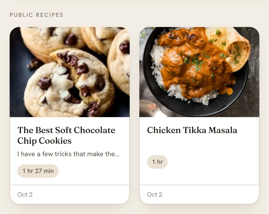 A public profile with a Public recipes list showing two recipe cards, The Best Soft Chocolate Chip Cookies and Chicken Tikka Masala.