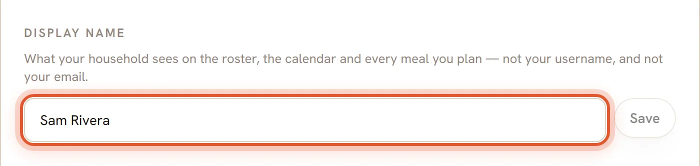 The Display name box in Settings, ringed, holding Sam Rivera, with the Save button beside it.