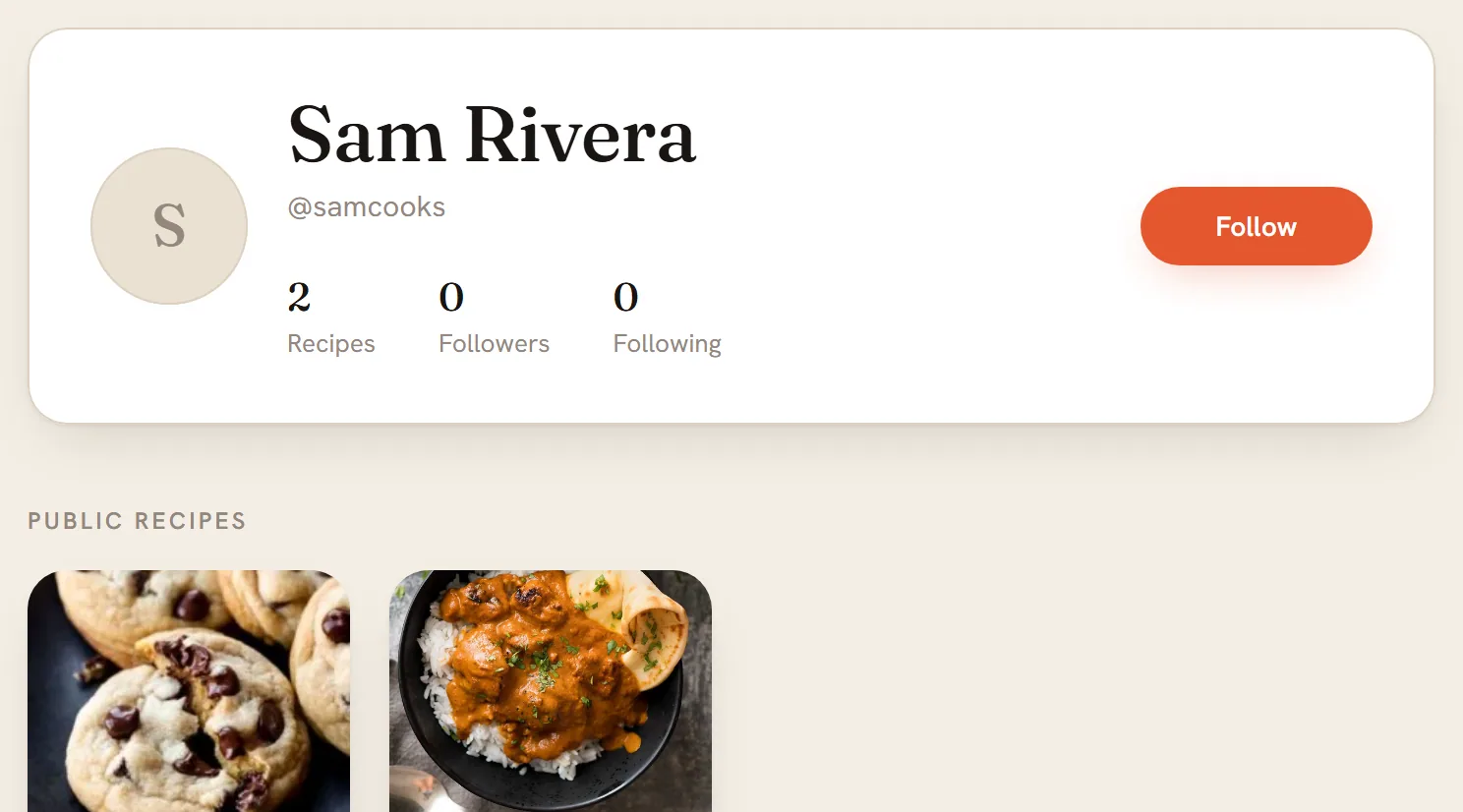 A profile page for Sam Rivera, @samcooks, with counts for Recipes, Followers and Following, a Follow button and two public recipe cards.