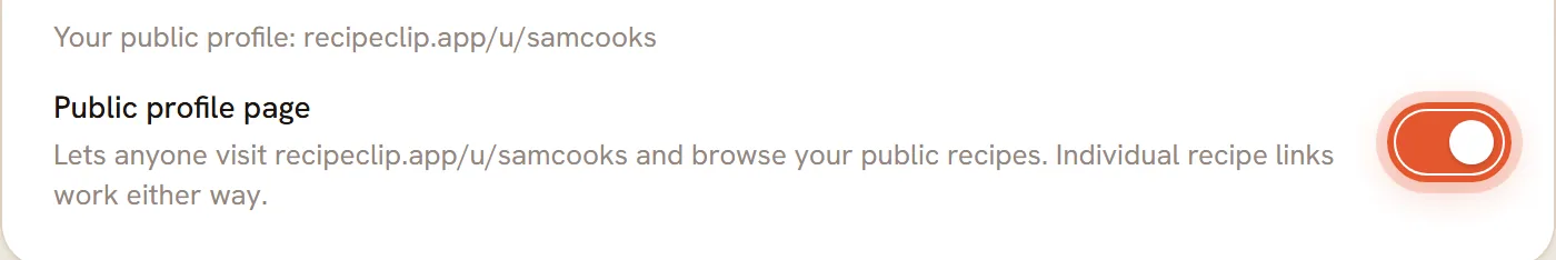 The Public profile page row in Settings with its switch ringed and turned on.