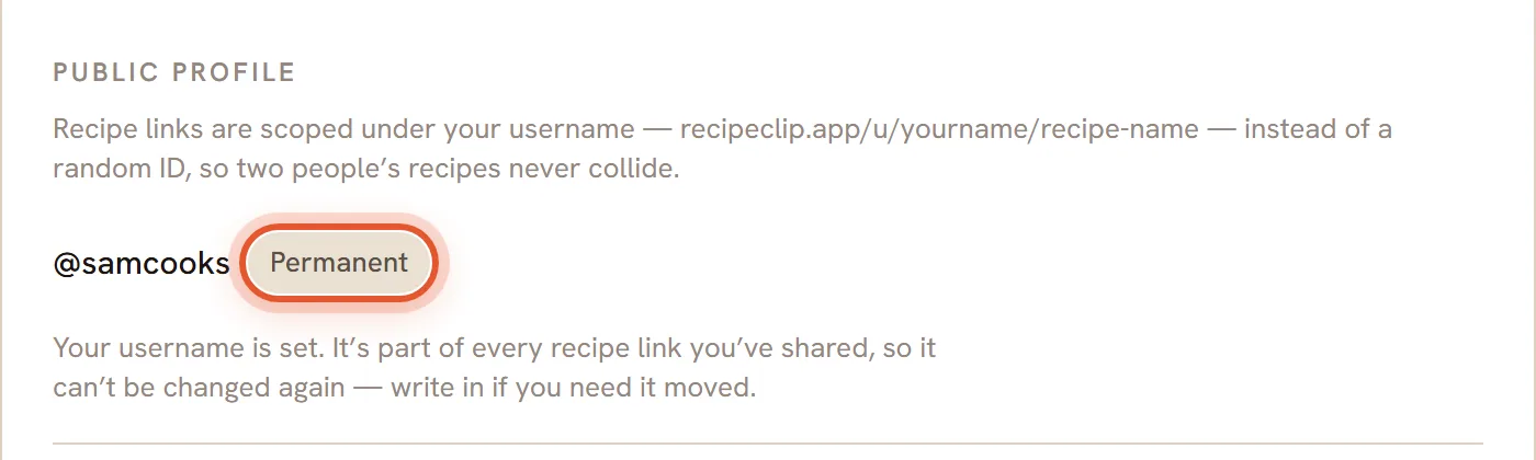 The username in Settings, @samcooks, with the Permanent label ringed and the line Your username is set below it.