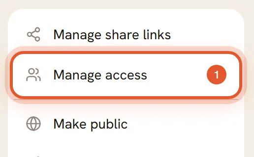 The More options menu with Manage access ringed. A small number 1 sits at its right edge.