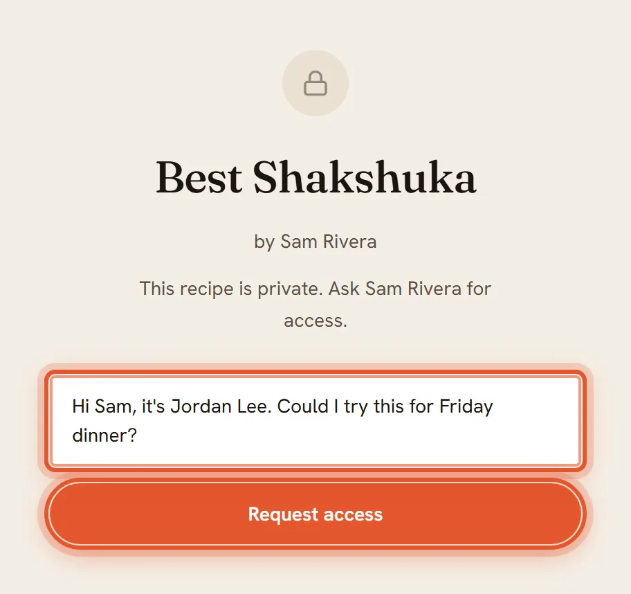 The note box filled with Hi Sam, it's Jordan Lee. Could I try this for Friday dinner?, and the Request access button under it, both ringed.
