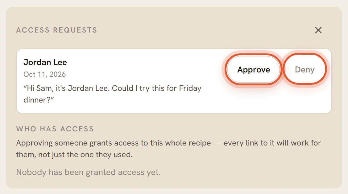 The Access requests panel with one request from Jordan Lee. Their note and the date are below the name. The Approve and Deny buttons are ringed.
