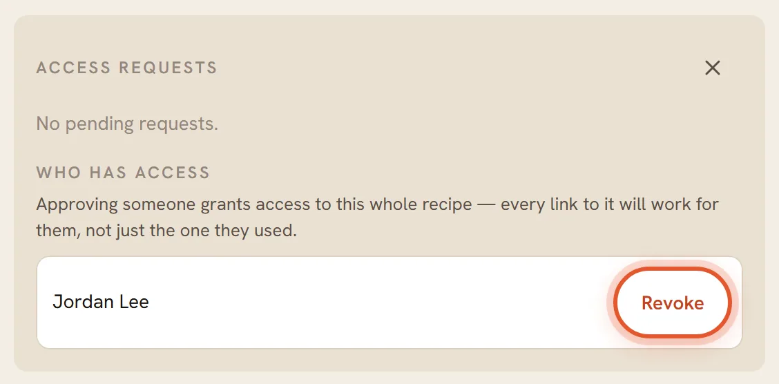The Who has access list with one person, Jordan Lee, and a Revoke button, ringed.