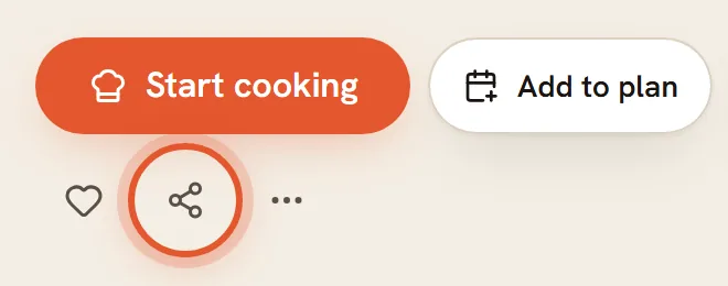 The heart, share and three-dot icons under the recipe's buttons, with the share icon, Copy public link, ringed. On a phone, the Copy public link item in the More options menu is ringed.