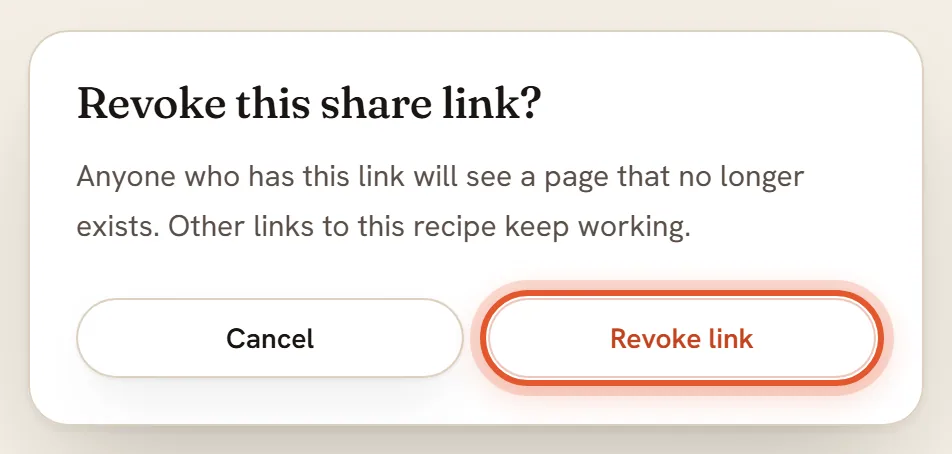 The Revoke this share link box. It says anyone who has the link will see a page that no longer exists. Its Revoke link button is ringed.