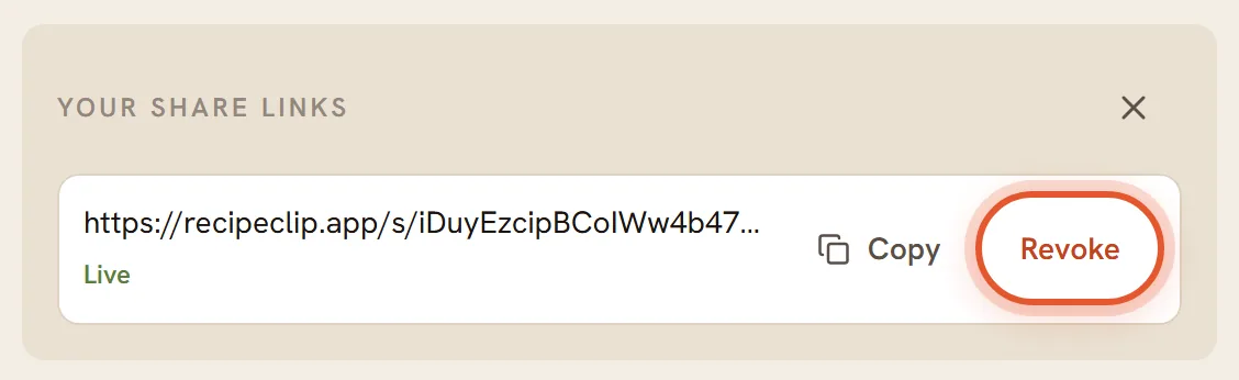 The Your share links panel with the Revoke button ringed.