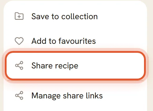 On a phone, the More options menu of a private recipe with the Share recipe item ringed.