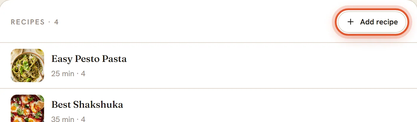 The Add recipe button above the collection's recipe list is ringed.