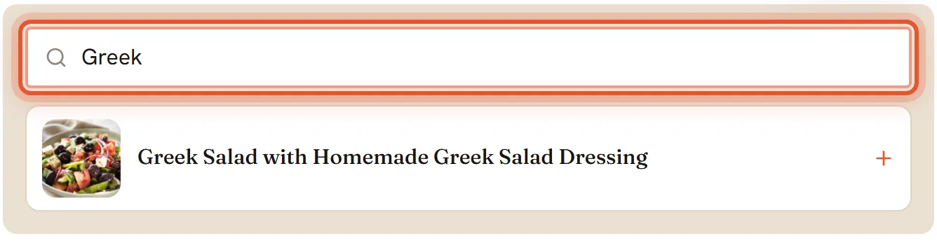 The search field Search recipes to add is ringed with Ziti typed in; Easy Baked Ziti is listed under it with a plus.