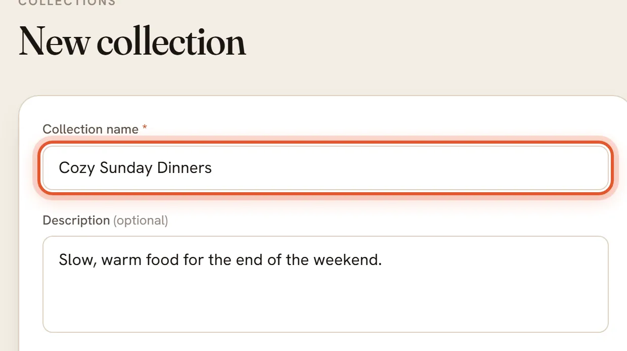 The Collection name box is ringed with Cozy Sunday Dinners typed in; a description sits below it.