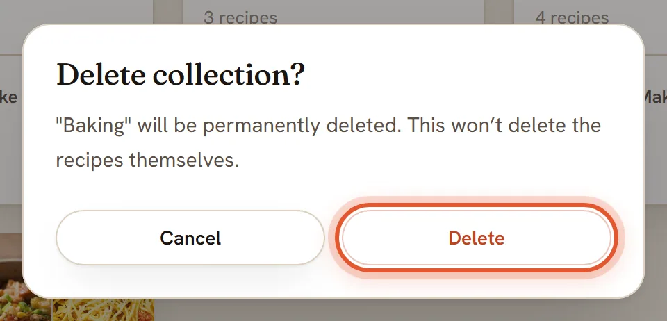 A box titled Delete collection? with its Delete button ringed.