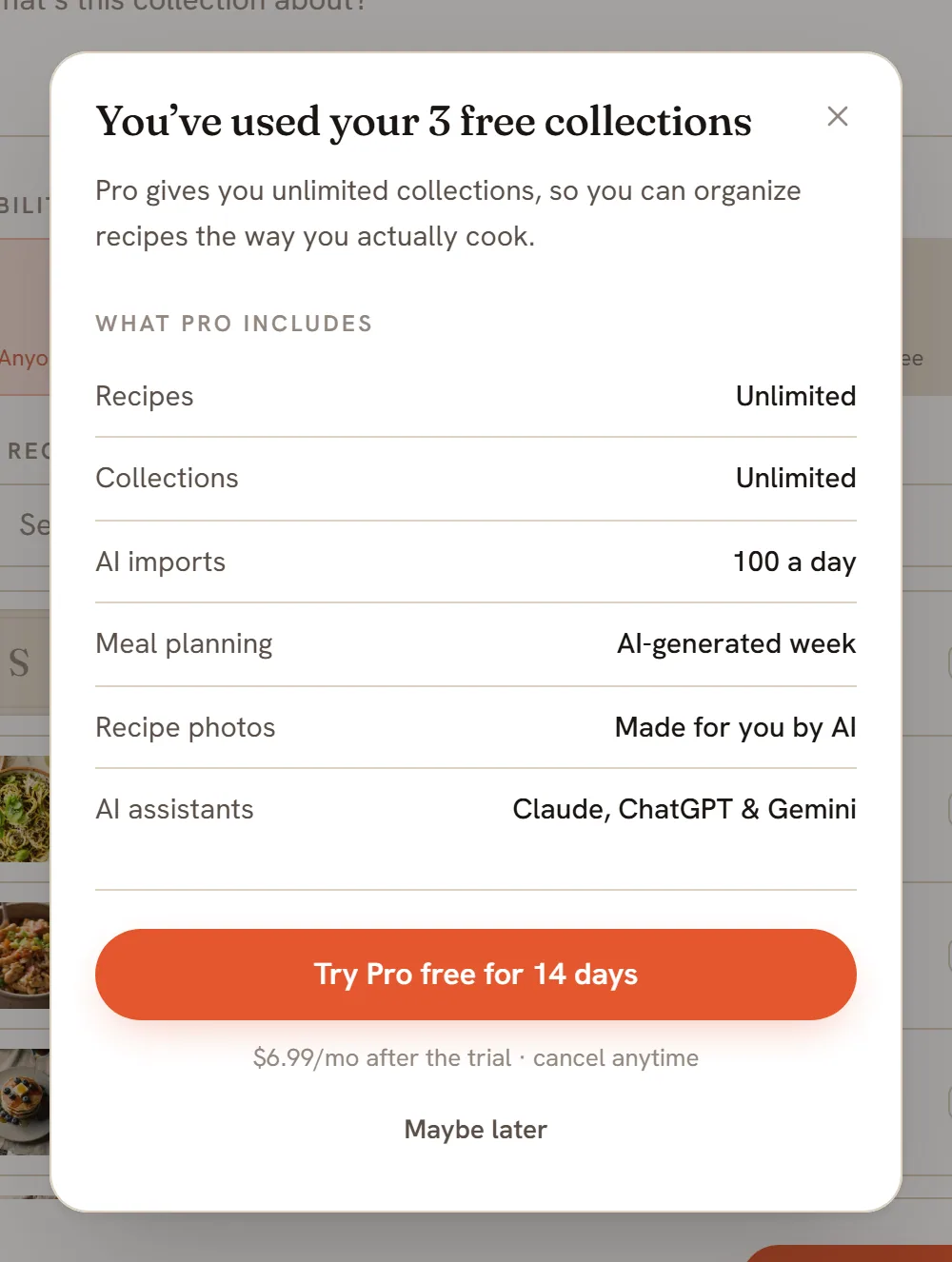A box titled You've used your 3 free collections, with a list of what Pro includes, a Try Pro free button and Maybe later.