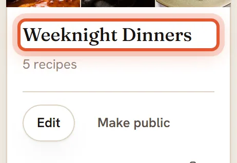 A collection card is ringed on the Collections page, showing Edit, Share and Make unlisted buttons.