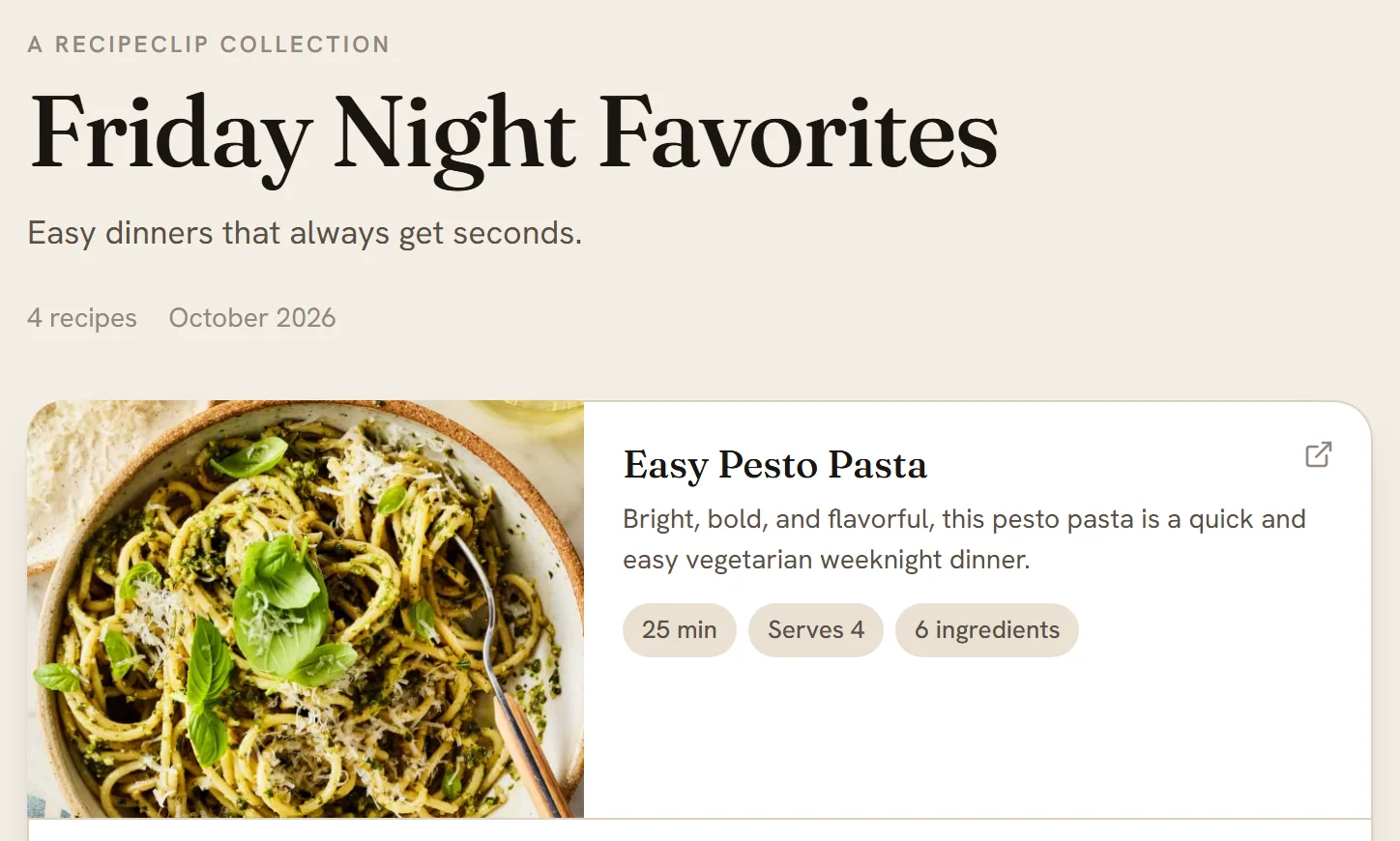 A public collection page: A RECIPECLIP COLLECTION, the title Friday Night Favorites, its description, and recipe cards with an Ingredients and steps button on each.