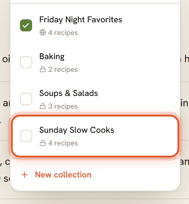 The Save to collection panel lists Baking, Soups & Salads, Sunday Slow Cooks and Weeknight Dinners; Sunday Slow Cooks is ringed.