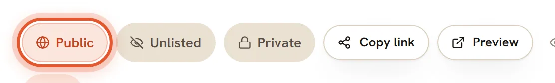 The three visibility buttons on a collection page; Public is ringed, with Copy link and Preview beside them.