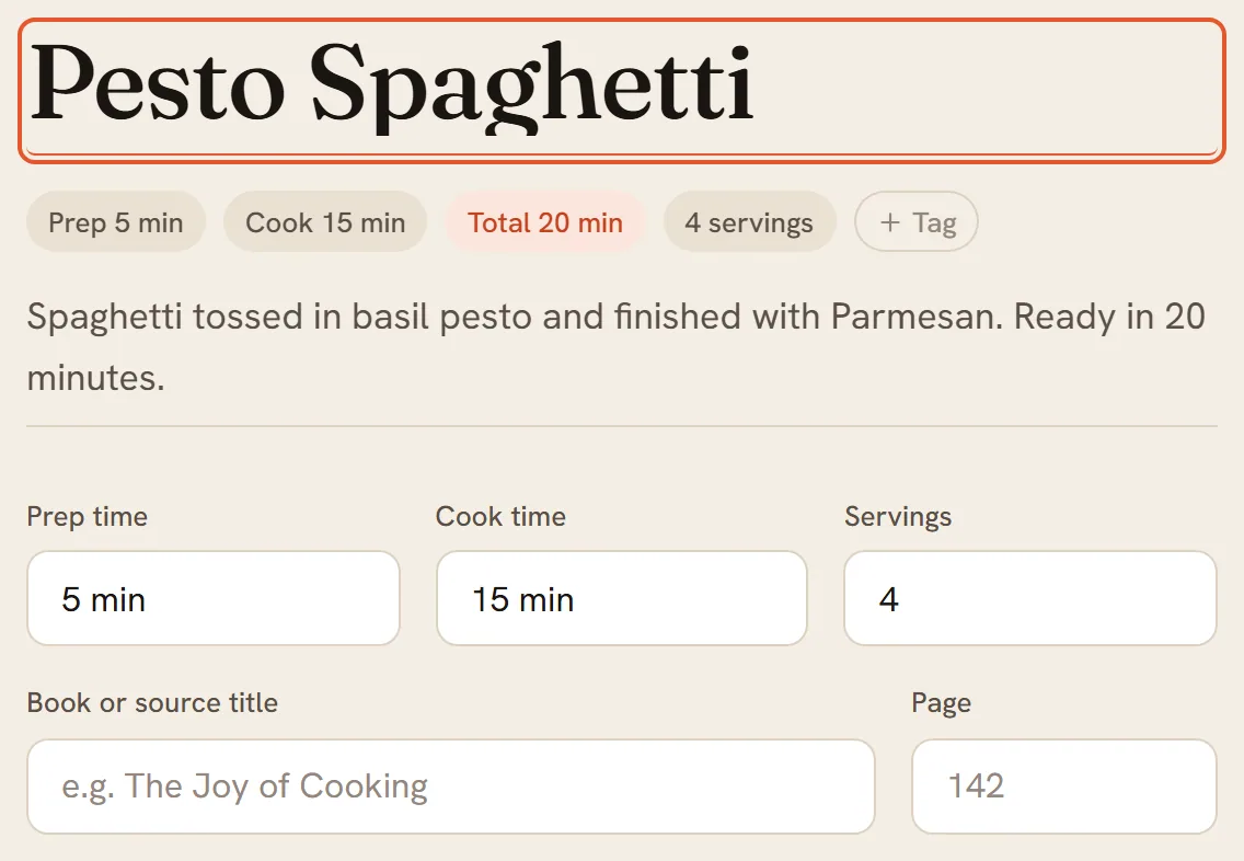 A recipe in edit mode: the Editing bar with Cancel and Save, the cover photo, the title in an editable box, the description and the Prep time, Cook time and Servings boxes.