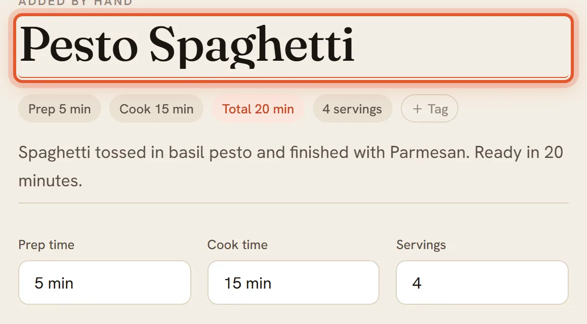The recipe title box is ringed, with the description and the Prep time, Cook time and Servings boxes under it.
