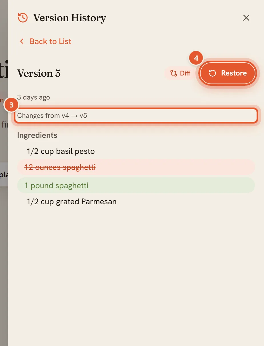 Version 5 is open: ring 3 marks the Changes from v4 to v5 line and ring 4 marks the Restore button at the top right.