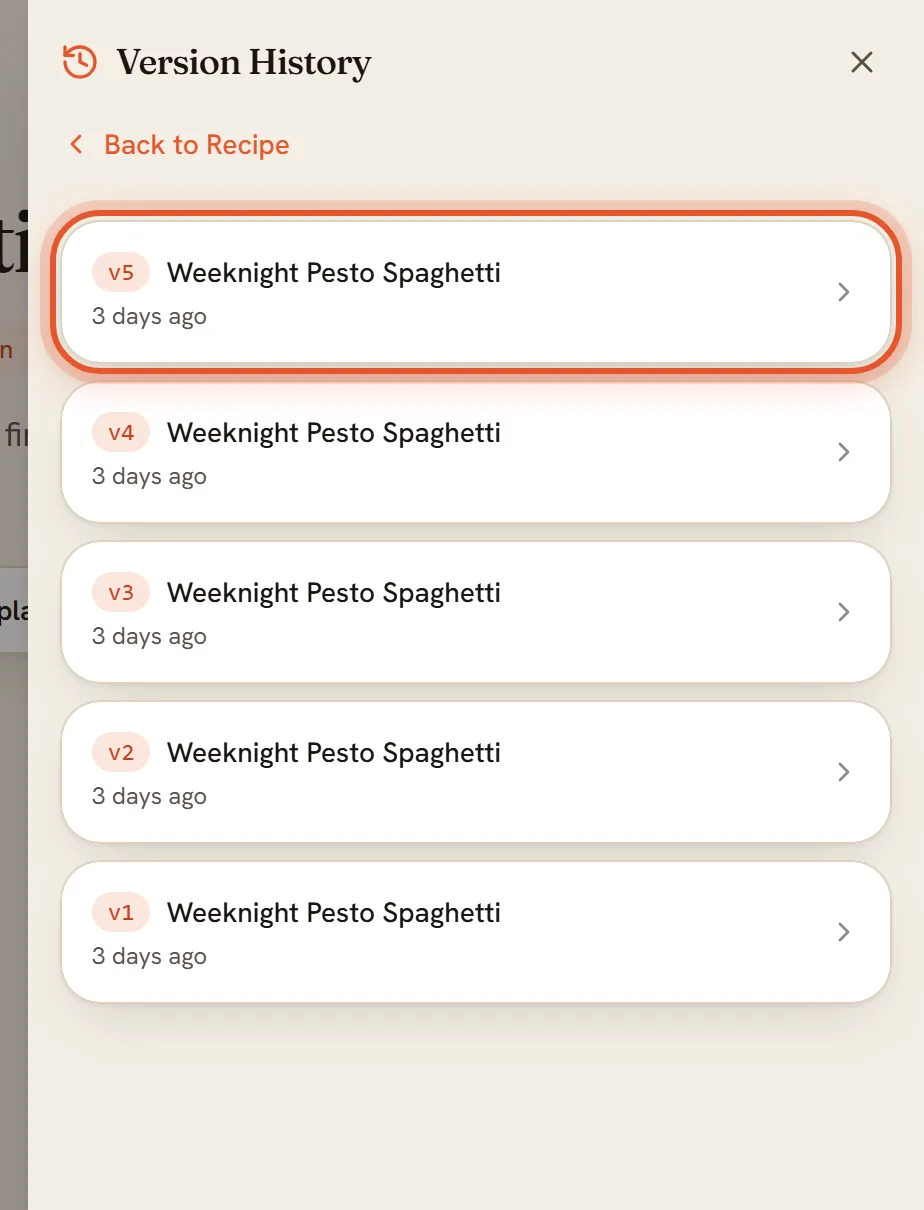 The Version History panel lists v5, v4, v3, v2 and v1 with v5 ringed.