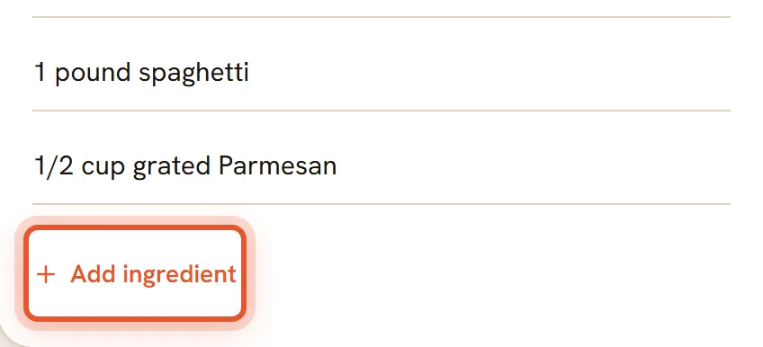 The Add ingredient button under the last ingredient line is ringed.