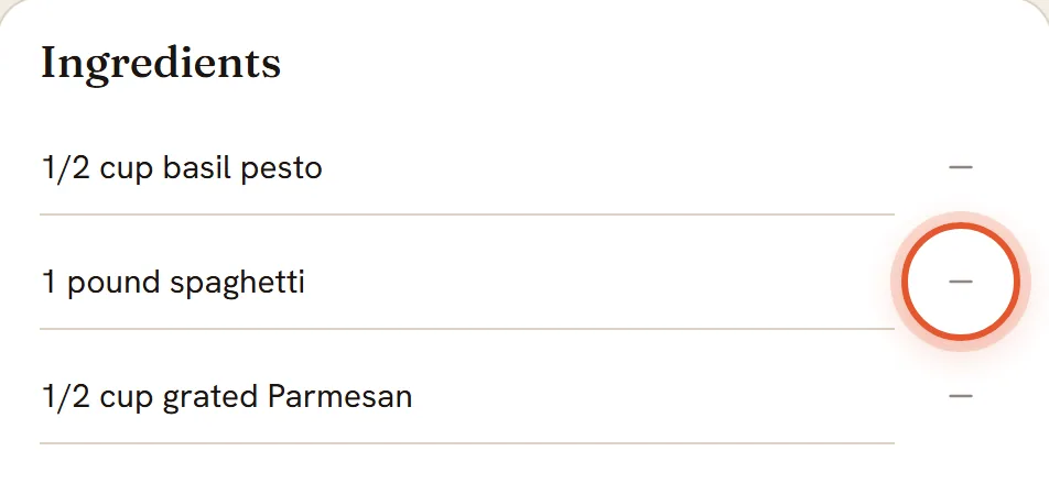 In the editable Ingredients card the minus at the right end of the second line is ringed.
