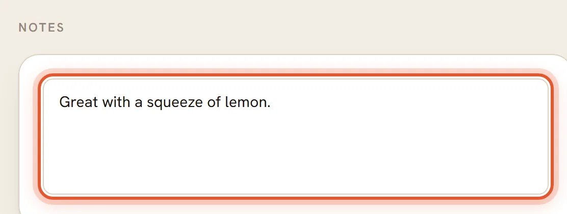 The Notes box in edit mode is ringed and holds a line of text.