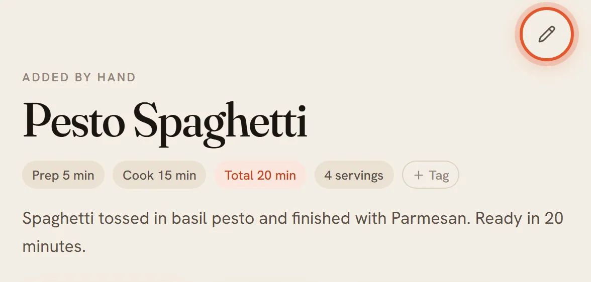 The pencil icon at the top right of a recipe page is ringed.