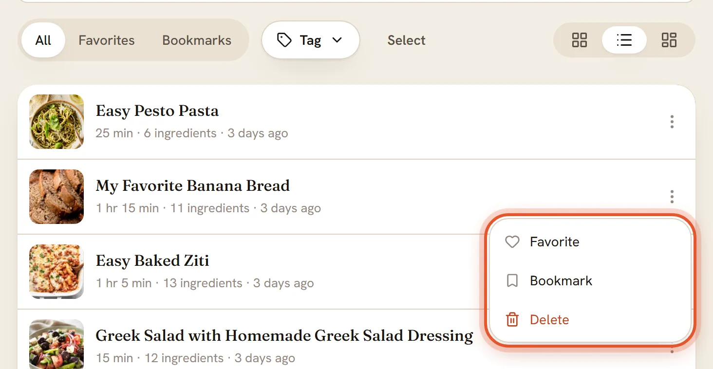 In list view the three-dot menu is open on the first recipe and ringed, showing Favorite, Bookmark and Delete.