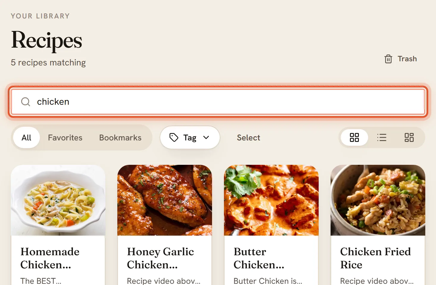 The search box is ringed with the word chicken typed in; the line above reads 5 recipes matching and chicken recipes are listed below.