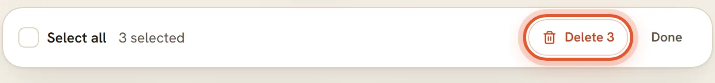 The red Delete 3 button in the selection bar is ringed, next to Done.