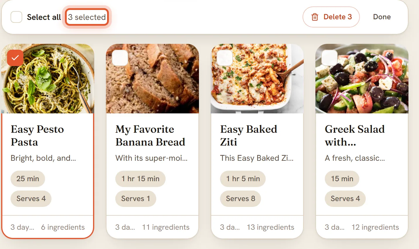 A ticked recipe card is ringed; the bar above the cards reads 3 selected with Select all beside it.