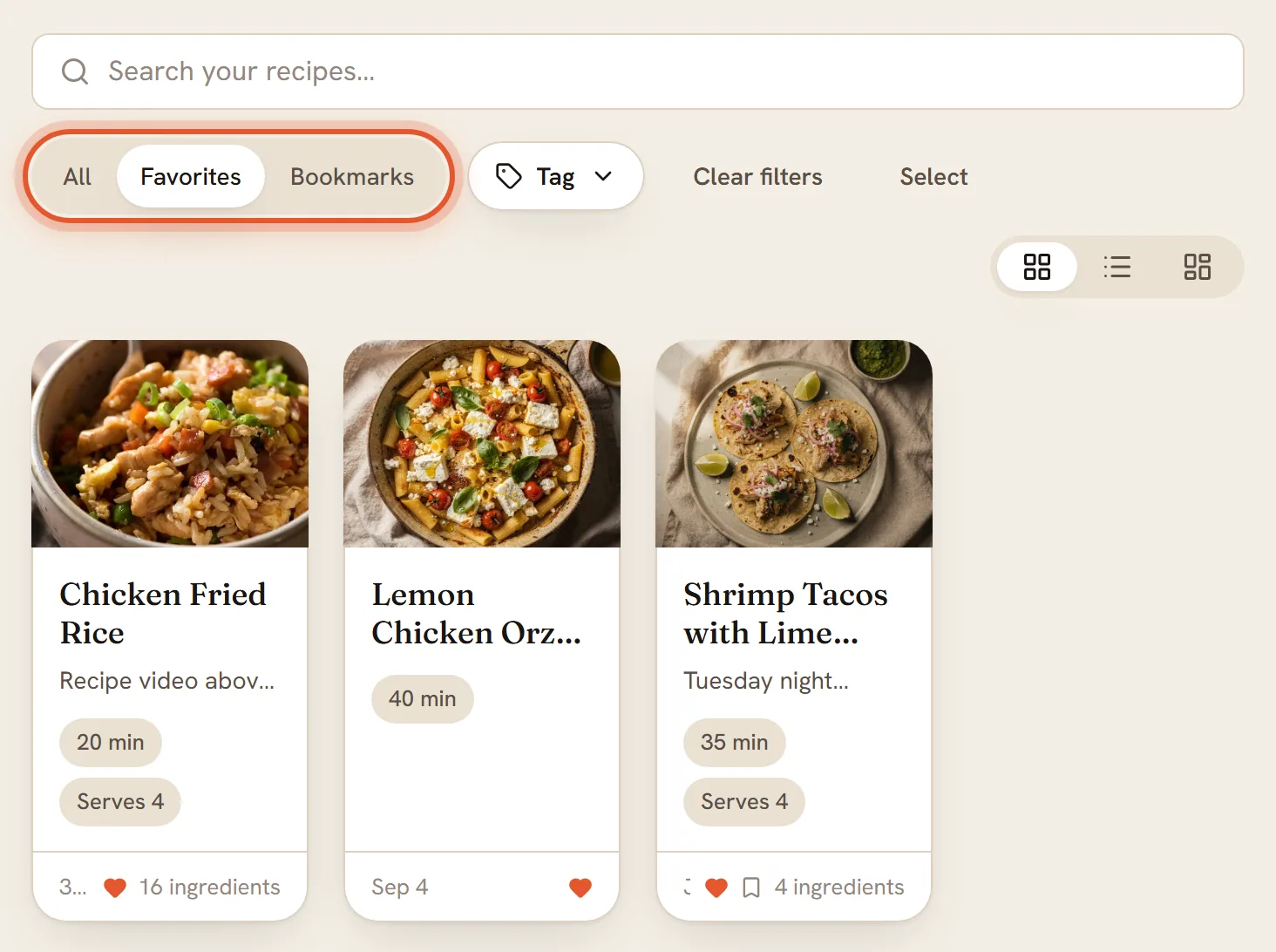 The All, Favorites and Bookmarks tabs are ringed with Favorites selected, above recipe cards that have filled hearts.